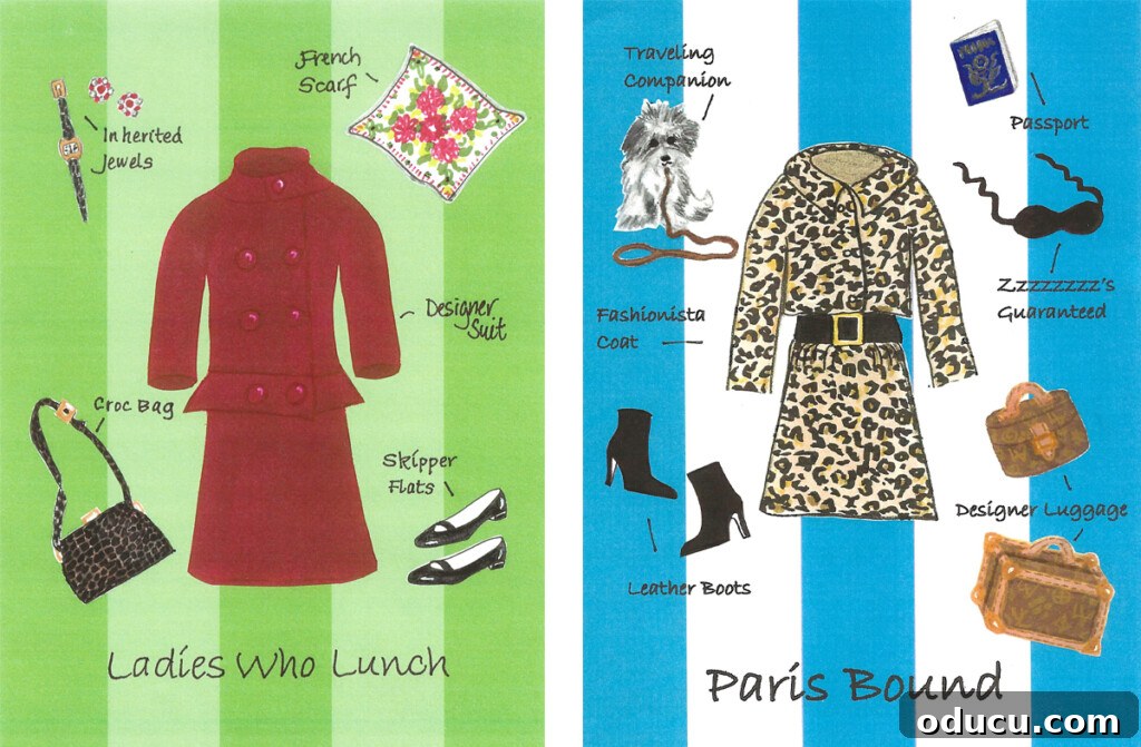 Playing With My Style 6 Two colorfully illustrated cards of women's fashions, titled 'Ladies That Lunch' and 'Paris Bound'.