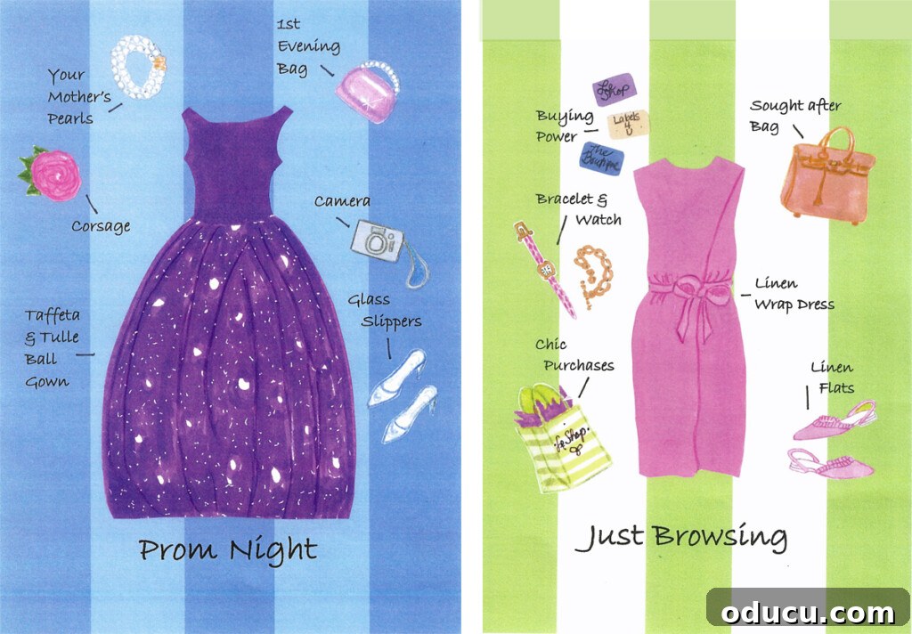 Playing With My Style 7 Two colorfully illustrated cards of women's fashions, titled 'Prom Night' and 'Just Browsing'.