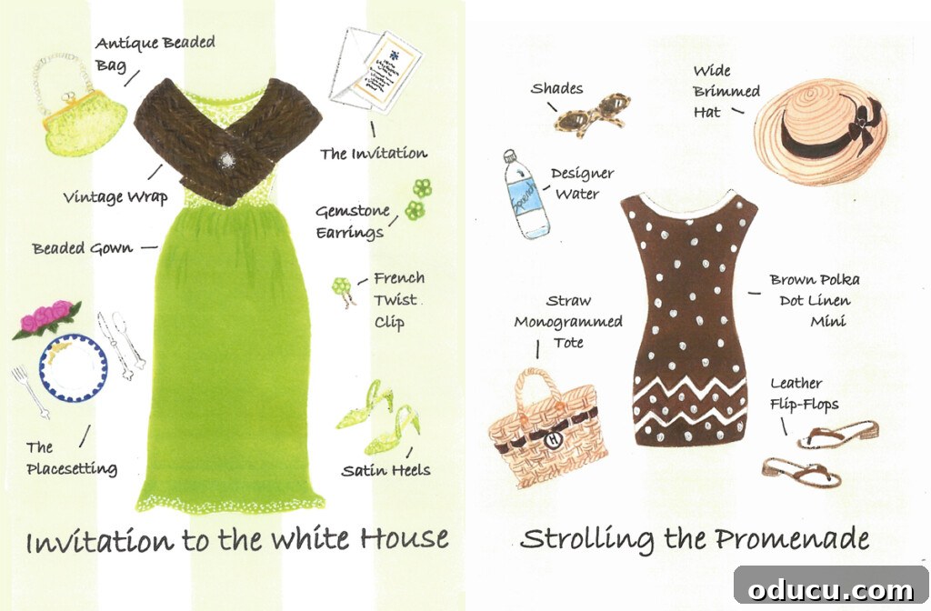 Playing With My Style 8 Two colorfully illustrated cards of women's fashions, titled 'Invitation to the White House' and 'Strolling the Promenade'.