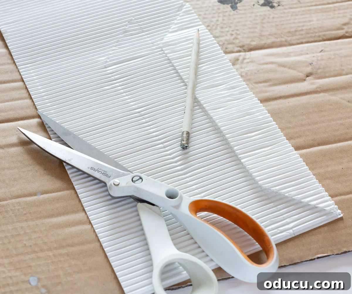 Instructions on how to decorate a thrift store photo frame with pieces of corrugated cardboard, focusing on cutting and arrangement for a cohesive look.