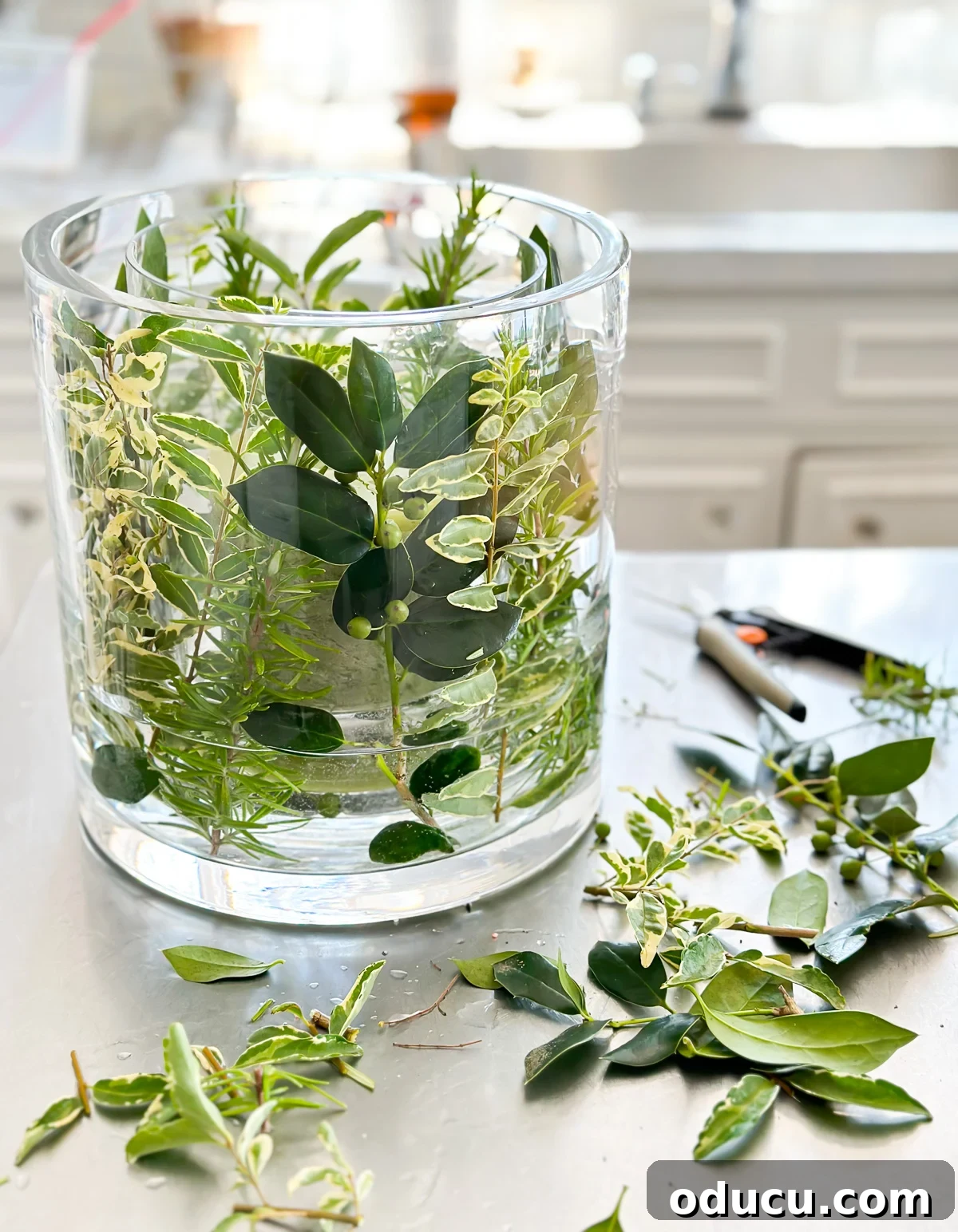 Demonstrates the process of assembling a candle vase for summer by placing herb cuttings between two nested glass vases.