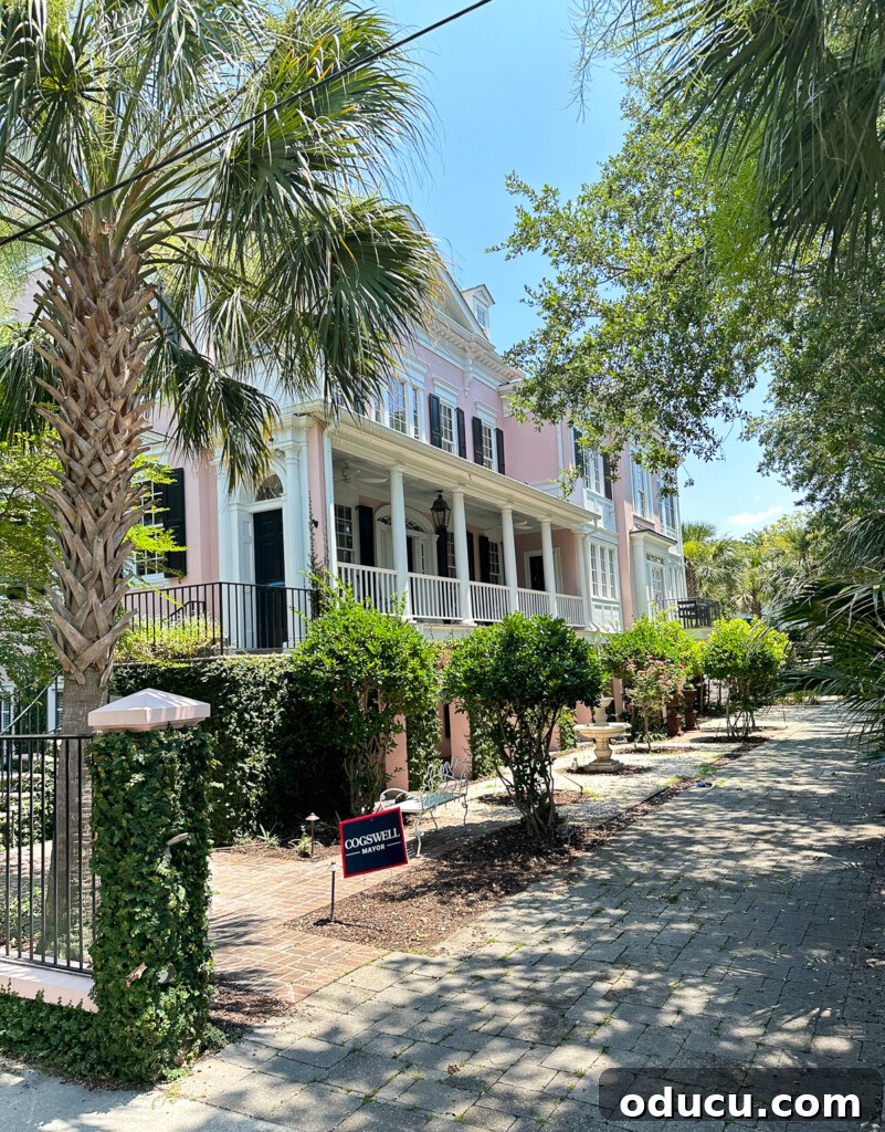 Pink Charleston home with a narrow lot where front of home is not facing the street.