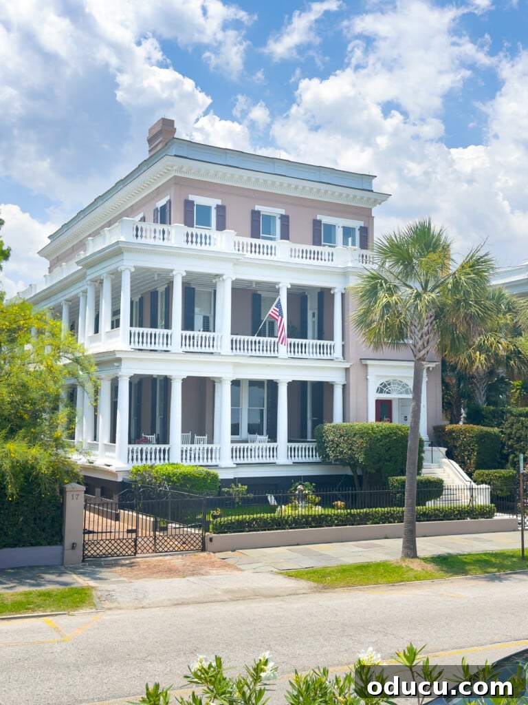 Historic pink and white 3 level mansion in Charleston, SC