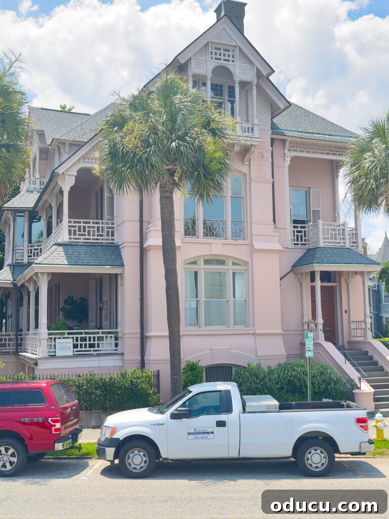 Historic pink and white ornate mansion in Charleston, SC