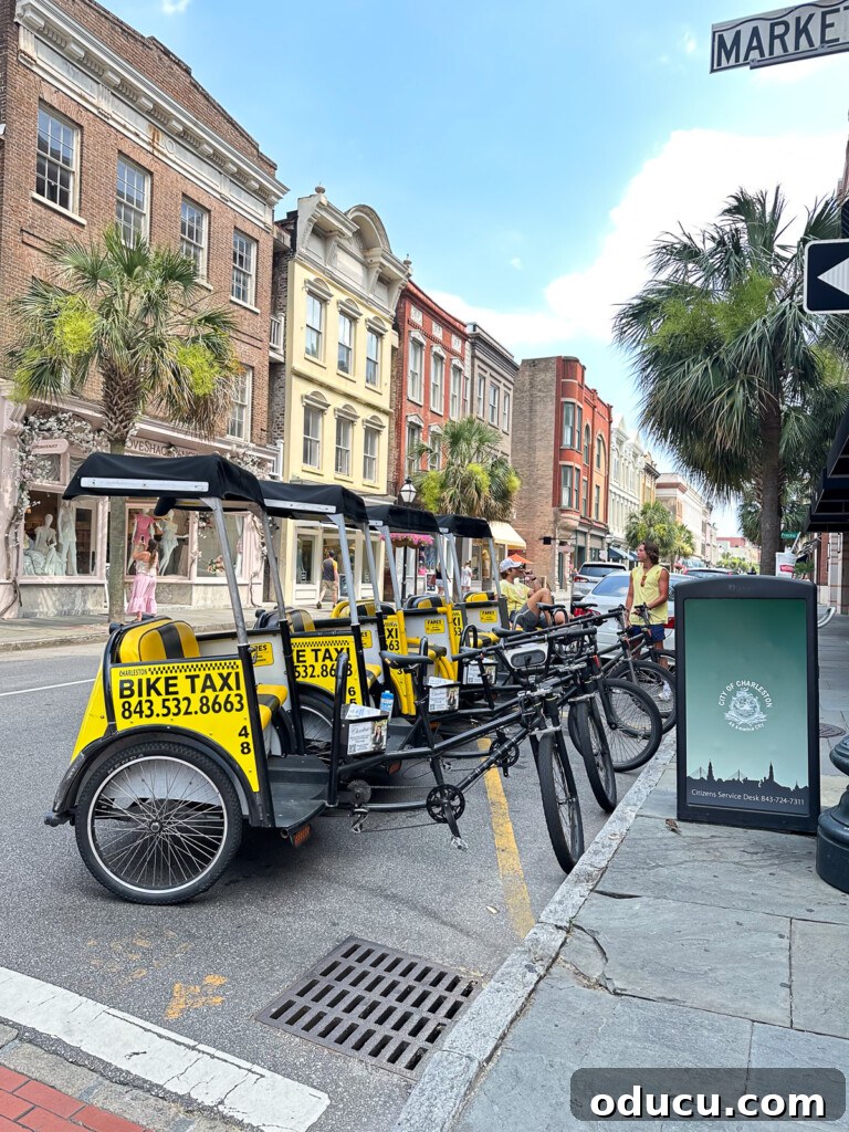 a line up of yellow and black bike taxis in Charleston, SC