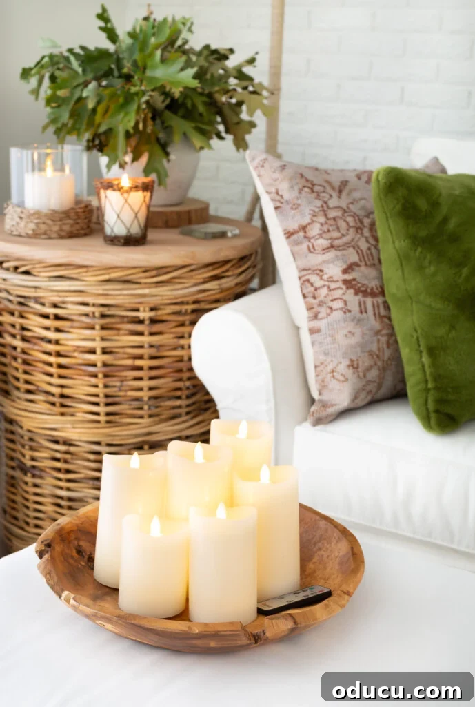Creating a Cozy Fall Living Room Sanctuary 8 Large wood bowl on ottoman filled with battery operated off-white pillar candles in a living room.