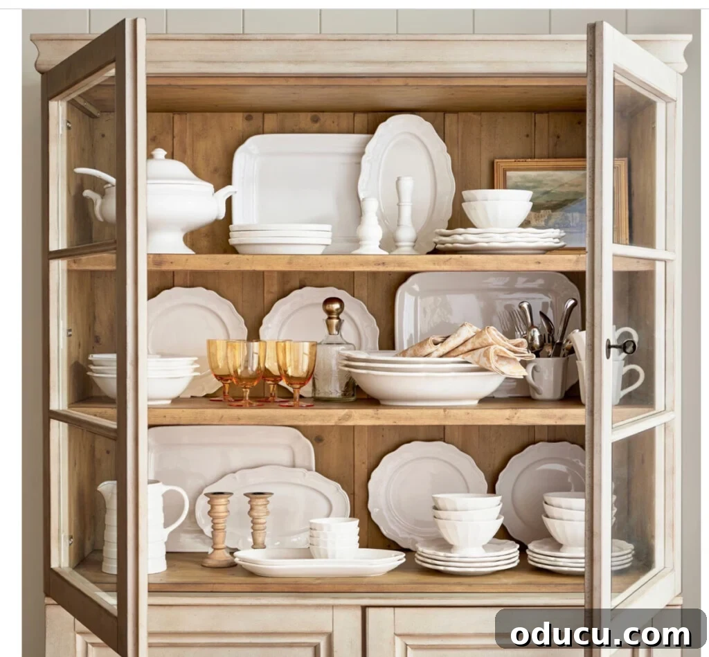 Fashion Finds Issue 155 3 Elegant Pottery Barn light wood china cabinet filled with crisp white dishes, radiating sophisticated fall dining vibes.