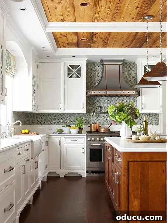 Fashion Finds 157 2 Rustic kitchen featuring a harmonious blend of white cabinets and natural wood accents