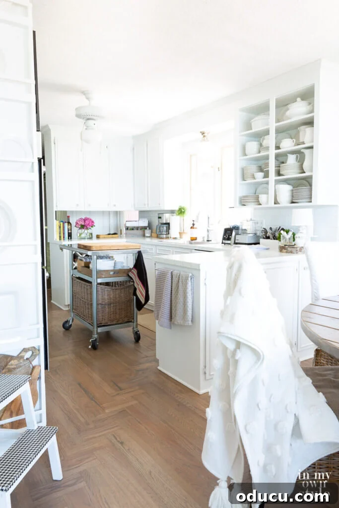 Modern Kitchen Renovation Butler Pantry and Hidden Murphy Door 2 Small white kitchen with driftwood grey wood floors.
