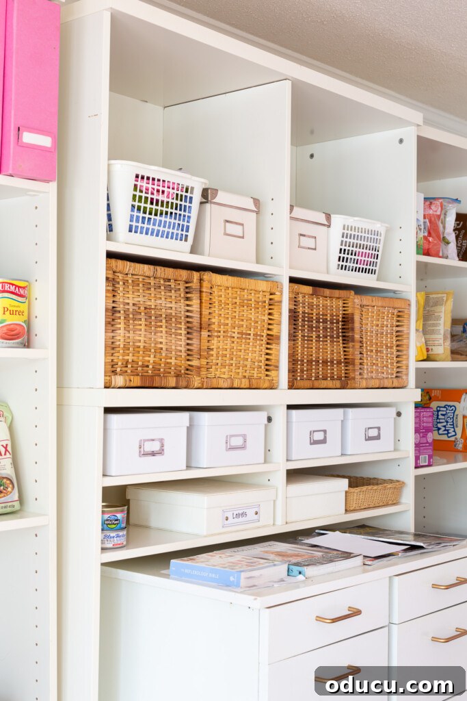 Modern Kitchen Renovation Butler Pantry and Hidden Murphy Door 14 Vintage IKEA storage baskets and boxes in a shelving unit.