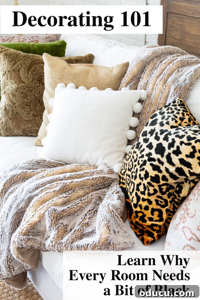 Decorating 101: Learn why every room needs a bit of black. Photo is of a white sofa with brown, white and black accents.