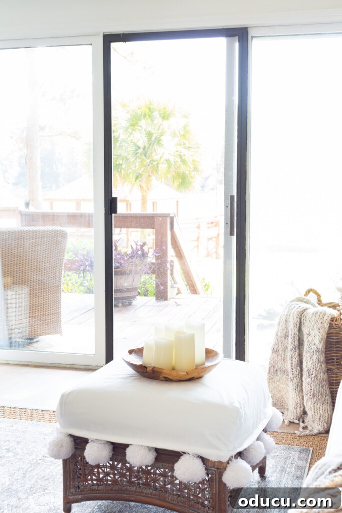 Black framed screen door in living room.