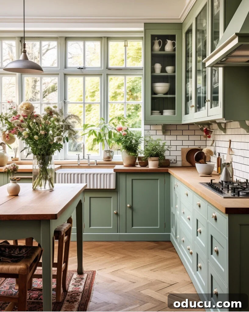 The Style Edit: Volume 163 2 green-kitchen-cabinets-in-kitchen. Wood countertops and floor with large window