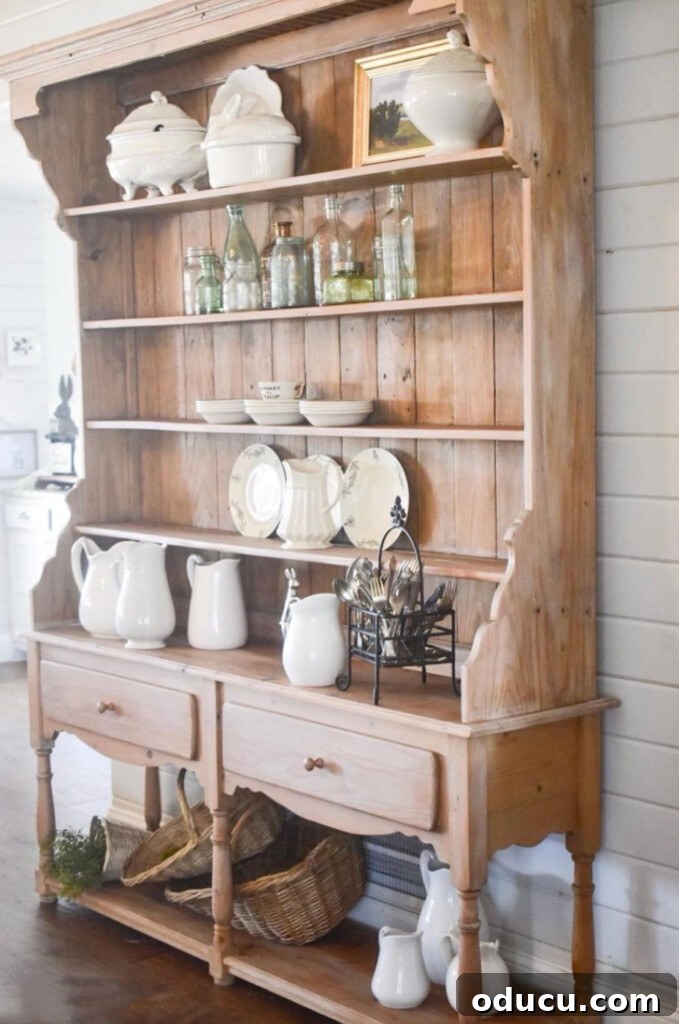Side view of country pine hutch against shiplap wall.