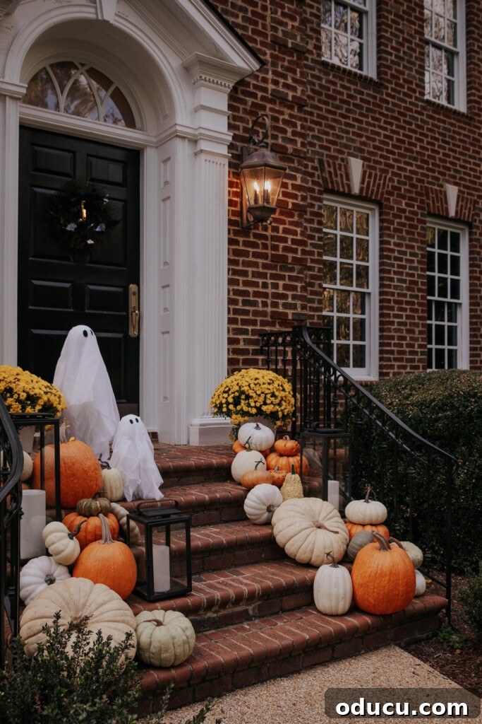 Style Guide: Volume 166 2 Charming brick house front porch elegantly decorated for Halloween with pumpkins, mums, and ambient lighting.