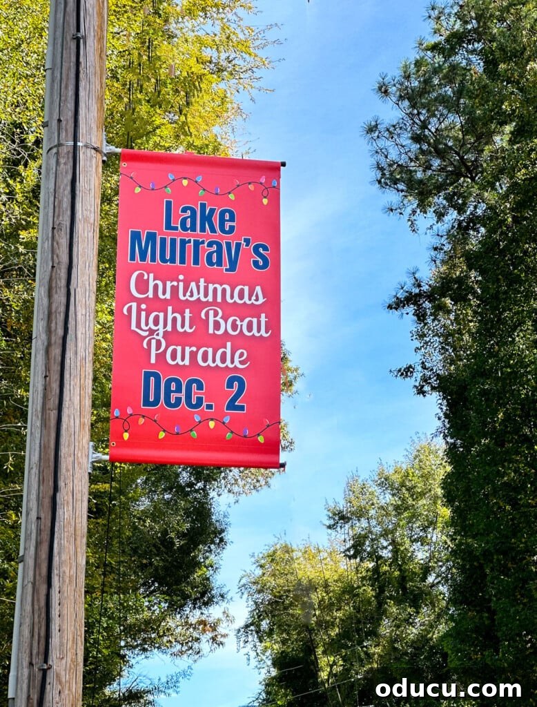 Unwrap the Magic: Best Christmas Decorating Reads 2 A sign that Christmas is coming. A sign on a town's street lamp pole that says Lake Murray's Christmas Light Boat Parade Dec. 2