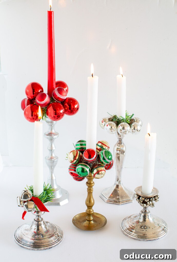 Simple Steps to Gorgeous Christmas Taper Candle Rings 14 A collection of five creative DIY Christmas candle rings, showcasing designs made with Shiny Brite ornaments, jingle bells, and faux greenery garland ties.