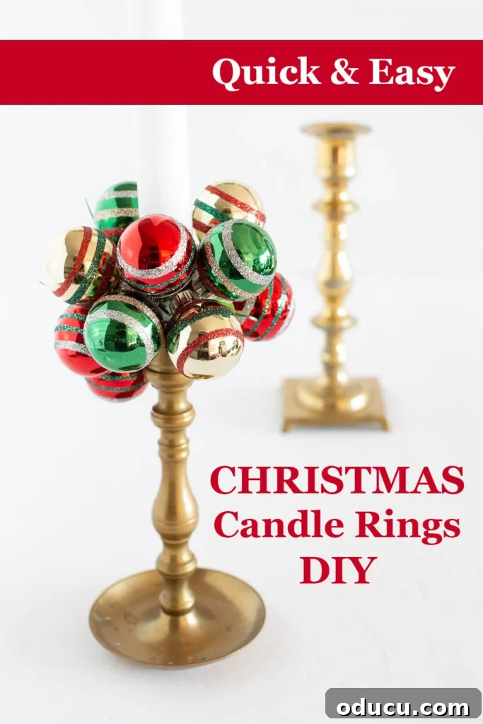 Simple Steps to Gorgeous Christmas Taper Candle Rings 15 A vibrant brass taper candle holder adorned with a DIY Christmas candle ring featuring sparkling gold, red, and green mini ornaments. The image highlights a quick and easy holiday craft.