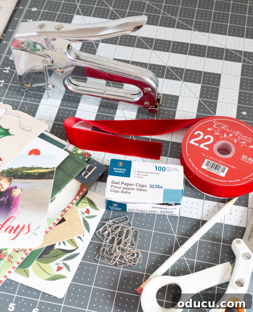 Showcase Your Holiday Cards: DIY Mantel & Table Display 7 Essential supplies needed to construct a long Christmas card holder for a mantel or expansive table.