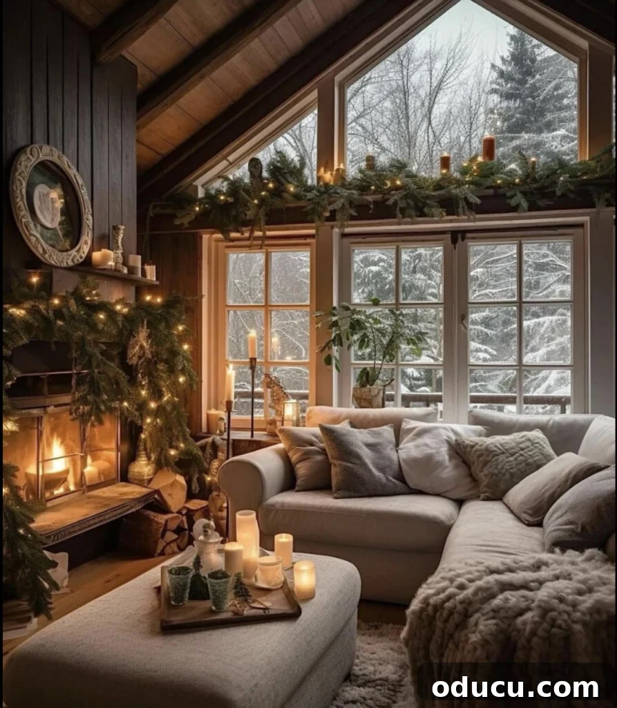 Chic Chronicles 2 Cozy living room adorned with festive holiday decorations, featuring a warm fireplace, plush sofa, and twinkling lights.