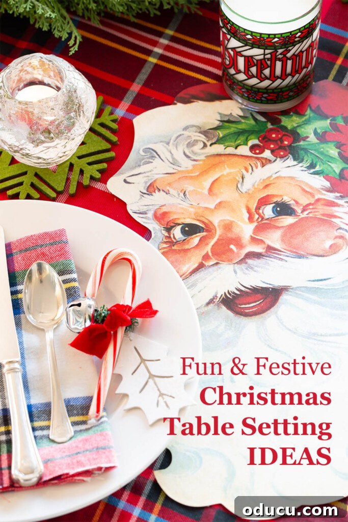 Joyful and Merry Christmas Dinner Table 12 Fun and festive Christmas table setting idea, perfect for kids of all ages, utilizing charming Santa face placemats and sweet candy canes to create holiday magic.