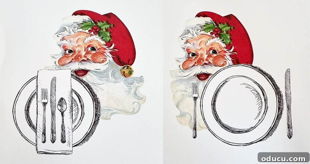 Joyful and Merry Christmas Dinner Table 10 Two distinct plate placement and styling ideas when using Hester & Cook's Santa placemats, demonstrating versatile Christmas table decor.