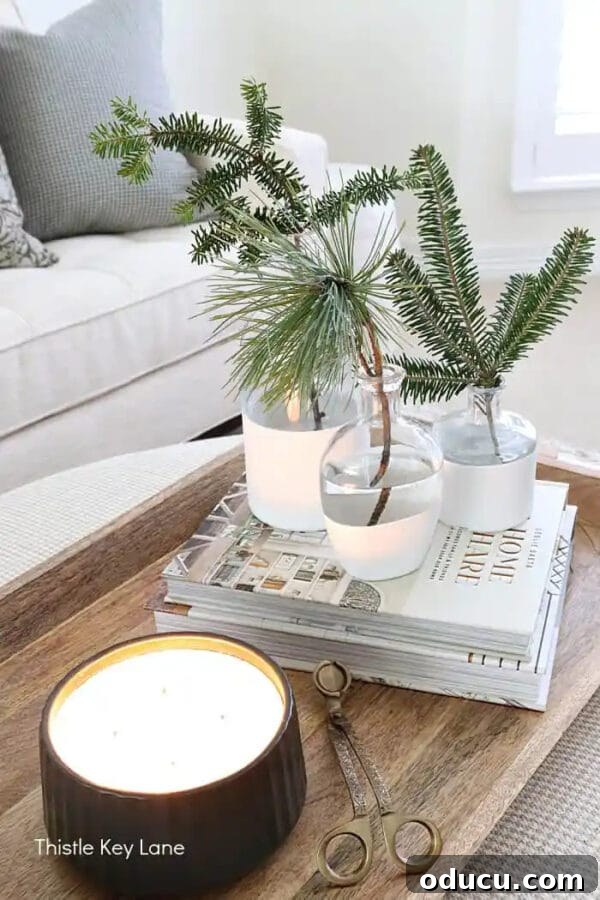 Style Scouting Issue 175 2 Paint dipped glass jars with evergreen sprigs on a coffee table, creating a cozy winter centerpiece.