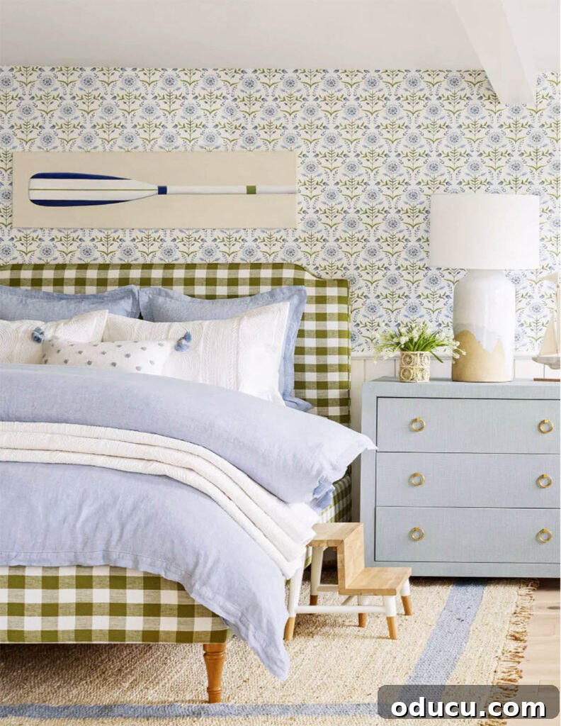 The Unsung Hero Your Home's Must-Have Small Furniture 10 Serena & Lily blue and green bedroom showing a step stool by the bed.