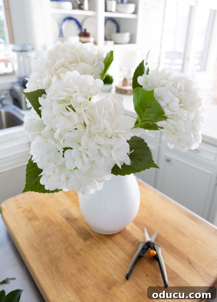 Three faux winter white hydrangeas expertly arranged in a white pitcher on a kitchen counter, forming the base of a winter white floral arrangement.