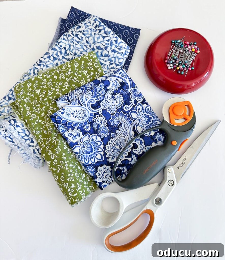 Whip Up Wonderful Napkins: A Simple Guide to Colorful Table Decor 12 Essential supplies needed to make 2-ply cloth napkins: fabric, thread, straight pins, scissors, rotary cutter, and a cardboard template.