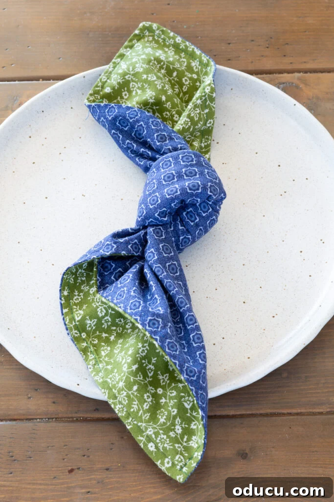 Whip Up Wonderful Napkins: A Simple Guide to Colorful Table Decor 3 A blue and green patterned reversible napkin elegantly knotted on a dinner plate, adding visual interest to a table setting.