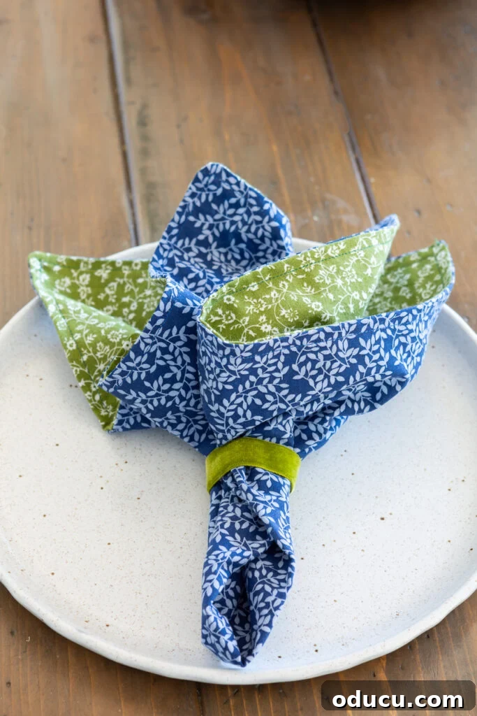 Whip Up Wonderful Napkins: A Simple Guide to Colorful Table Decor 8 A two-sided cloth napkin gathered with a simple napkin ring on a dinner plate, showcasing its reversible design.