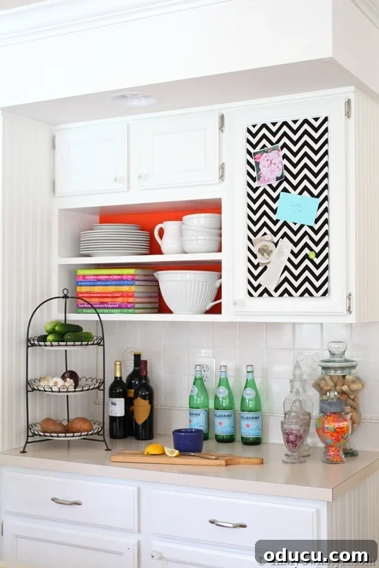 Decorate Wisely Reap the Rewards 2 Accent color backdrop made using paper covered cardboard inserts in open kitchen shelving