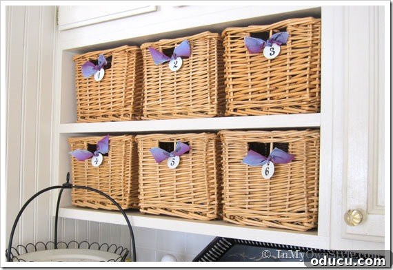 Decorate Wisely Reap the Rewards 3 kitchen baskets on open shelves in kitchen