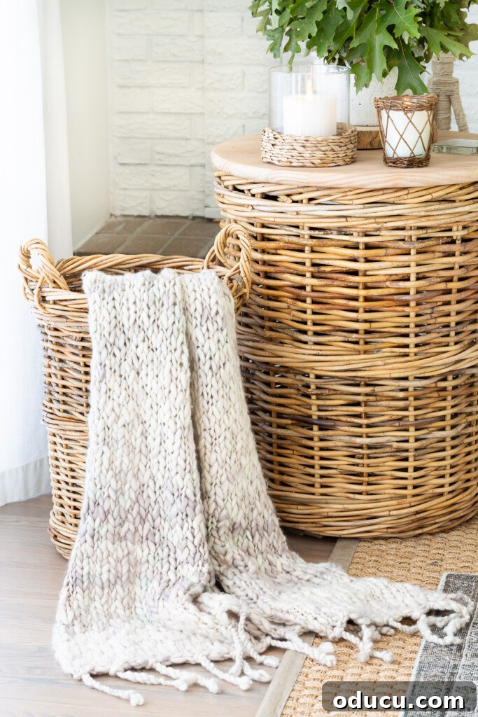 Decorate Wisely Reap the Rewards 5 2 large baskets in living room. One is used as a side table, the smaller one as a place to keep a throw blanket out of the way, but handy when needed.