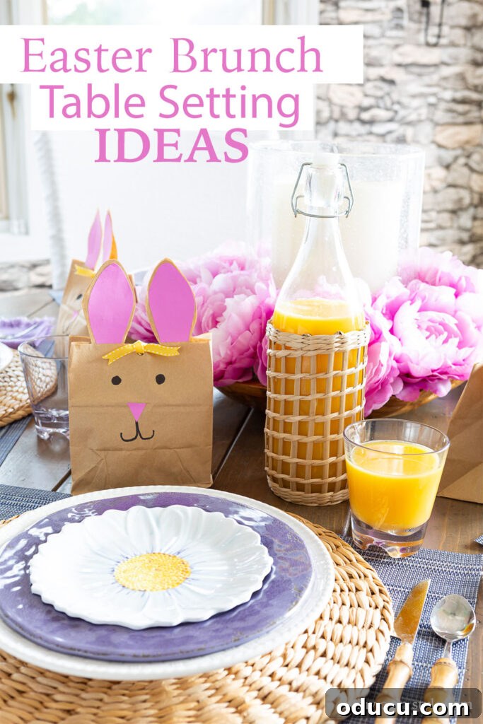 Effortless Easter Table Decor and Centerpiece Ideas 12 A vibrant and inviting Easter table setting, showcasing a harmonious blend of white, pink, purple, and yellow accents, adorned with layered plates, individual bunny goodie bags, and a striking floral centerpiece.