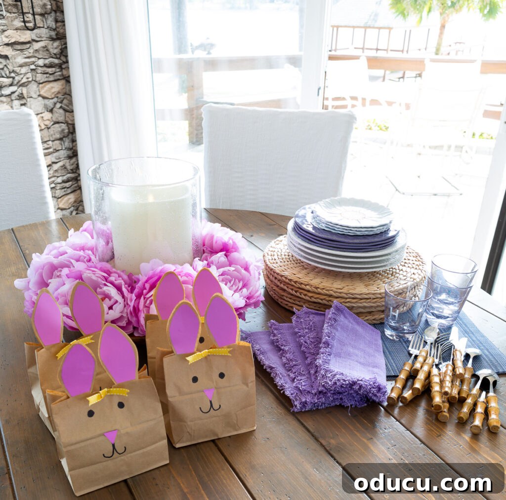 Effortless Easter Table Decor and Centerpiece Ideas 3 Dinnerware, napkins and Easter goodie bags laid out, ready to be arranged into a festive Easter table setting.
