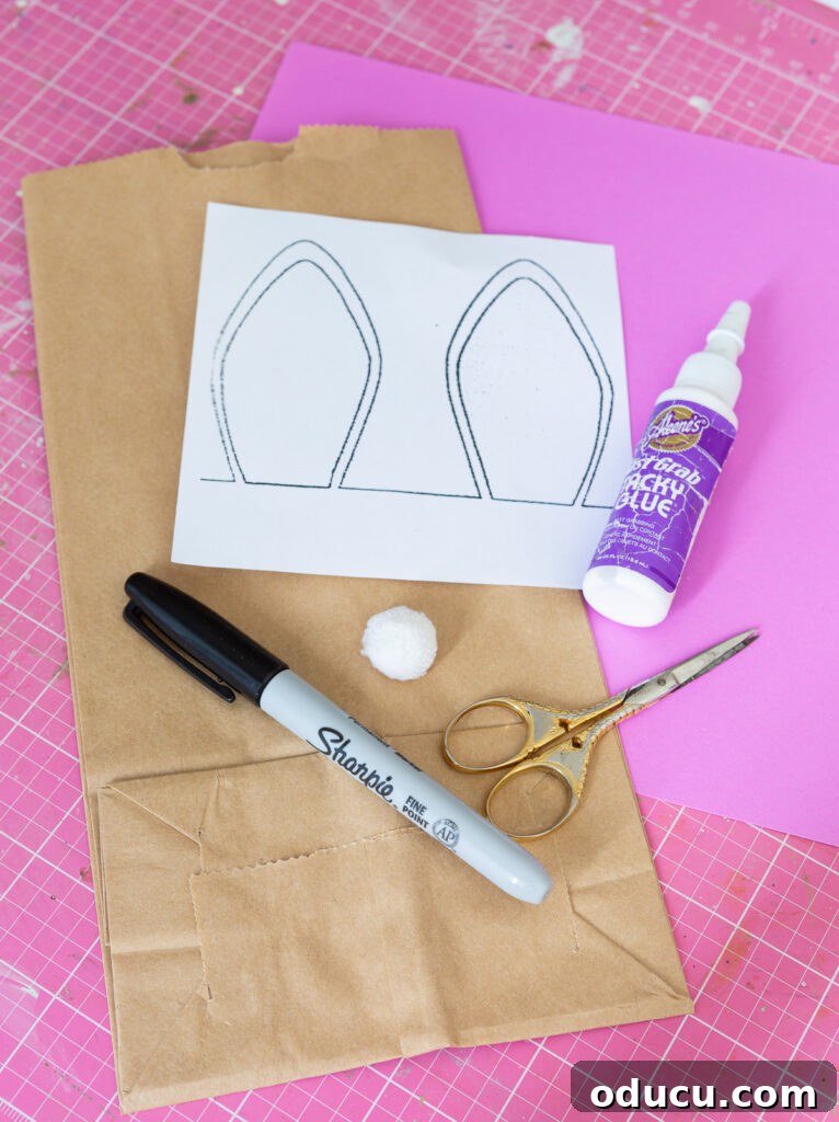 Craft Adorable Easter Bunny Gift Bags 4 supplies and bunny ear template needed to make an Easter bunny bag using a brown paper bag.