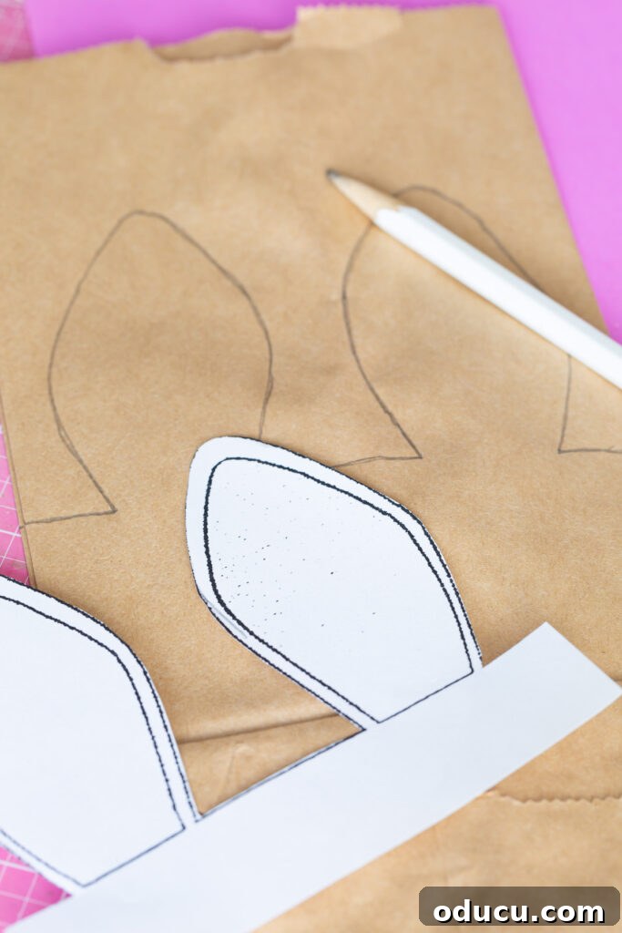 Craft Adorable Easter Bunny Gift Bags 6 how to trace bunny ear template pattern on to brown lunch bag.