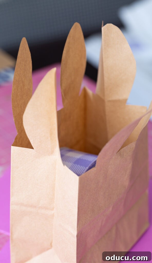 Craft Adorable Easter Bunny Gift Bags 7 Excess bag to cut off of bunny ear bag.