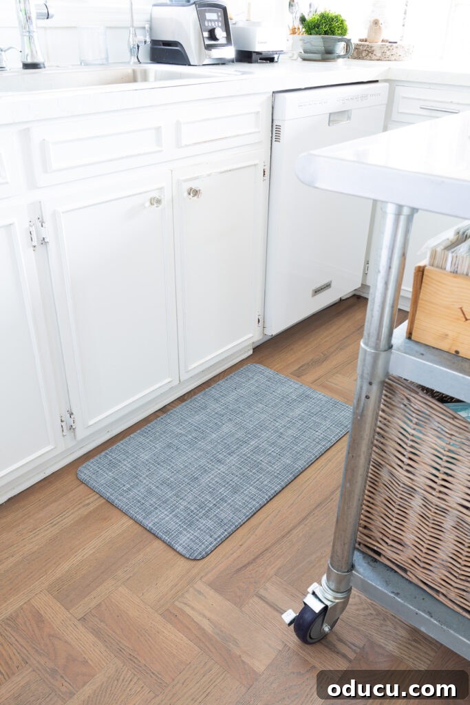 Elevating My Living Room with Area Rugs 11 Lucky Brand anti-fatigue wellness mat in a blue weave pattern placed in front of a kitchen sink.
