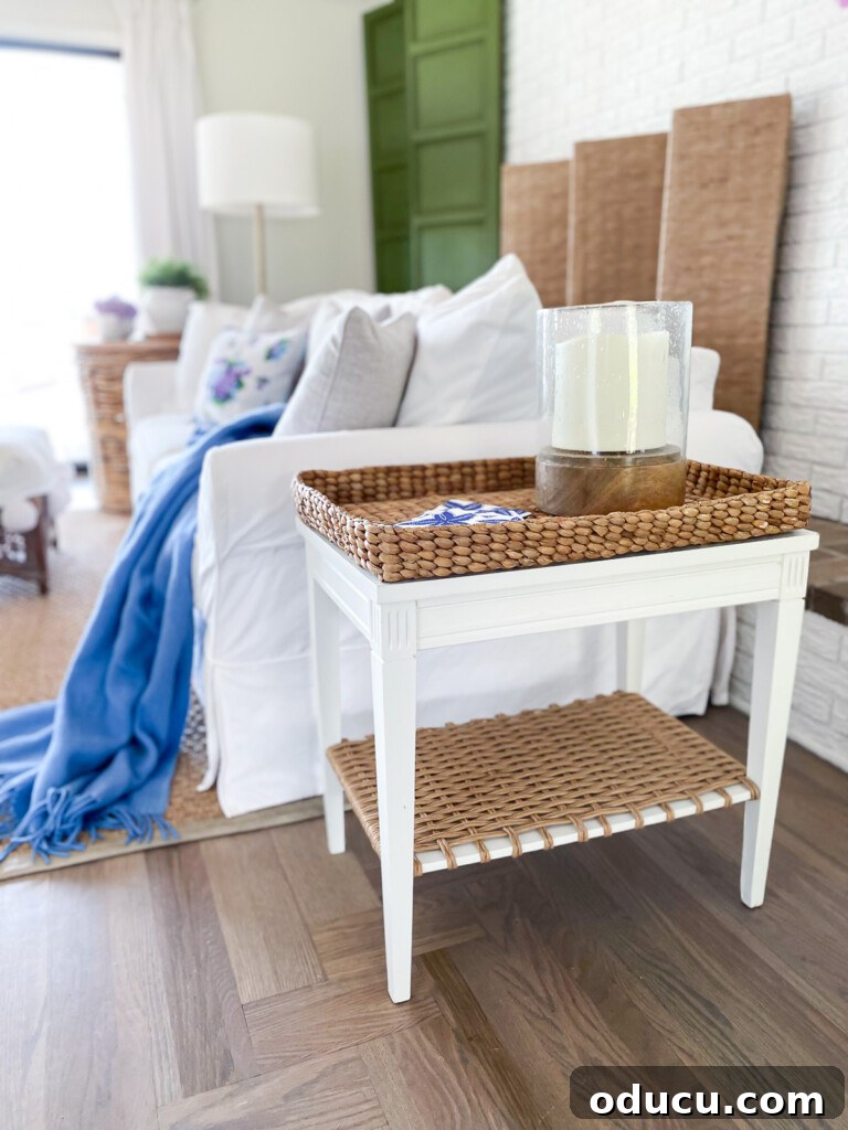 Elevating My Living Room with Area Rugs 4 Coastal style living room with a DIY end table makeover and a seagrass rug.