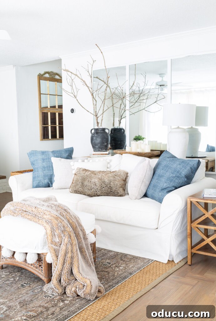 Elevating My Living Room with Area Rugs 5 Blue and white living room with layered rugs, creating a cozy and stylish space.
