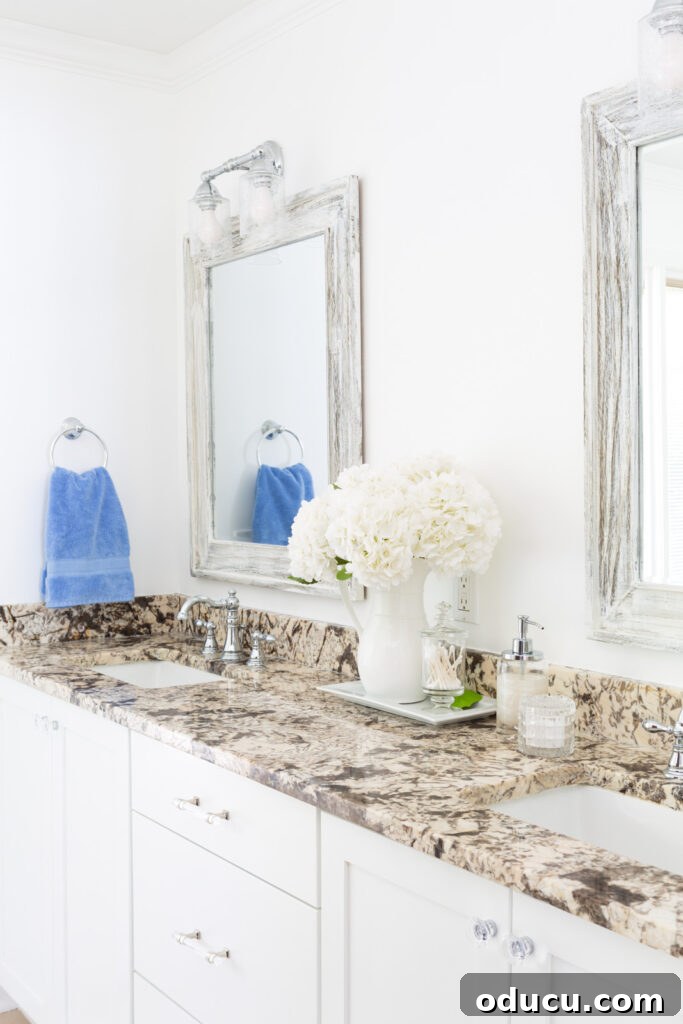 Primary Bathroom Sanctuary Unveiled 13 sky blue towels in towel ring in neutral color bathroom.