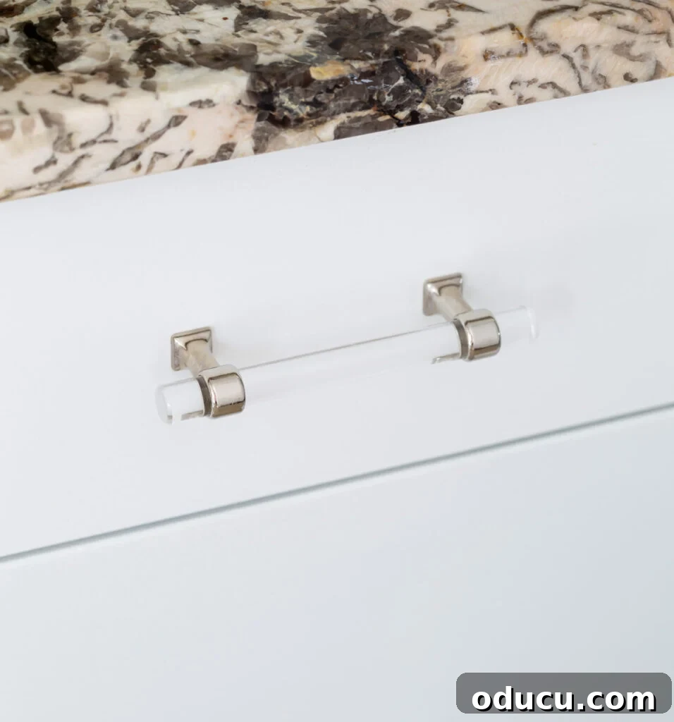 Primary Bathroom Sanctuary Unveiled 18 polished chrome and lucite cabinet drawer pull on vanity