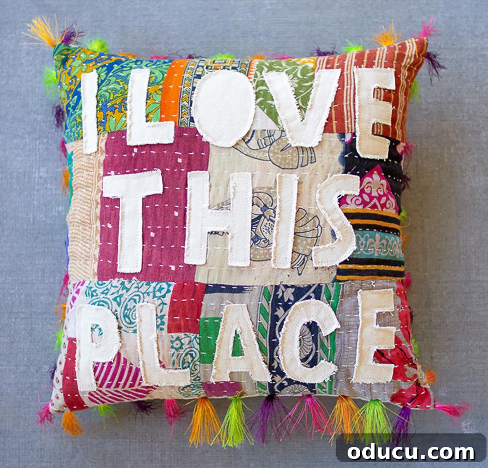 The Blissful Art of Home Embellishment 3 A vibrant throw pillow declaring 'I love this place' showcased against a blue background, symbolizing bespoke interior design.