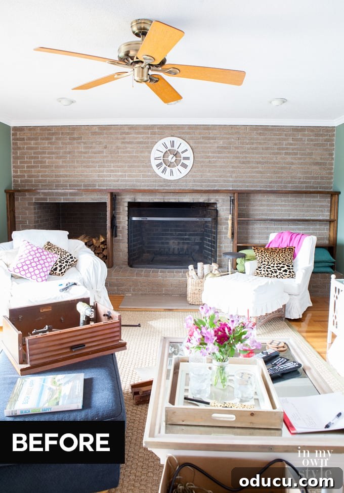 The Ever-Evolving Hearth 2 Original brick fireplace wall with built-in wood bookshelves