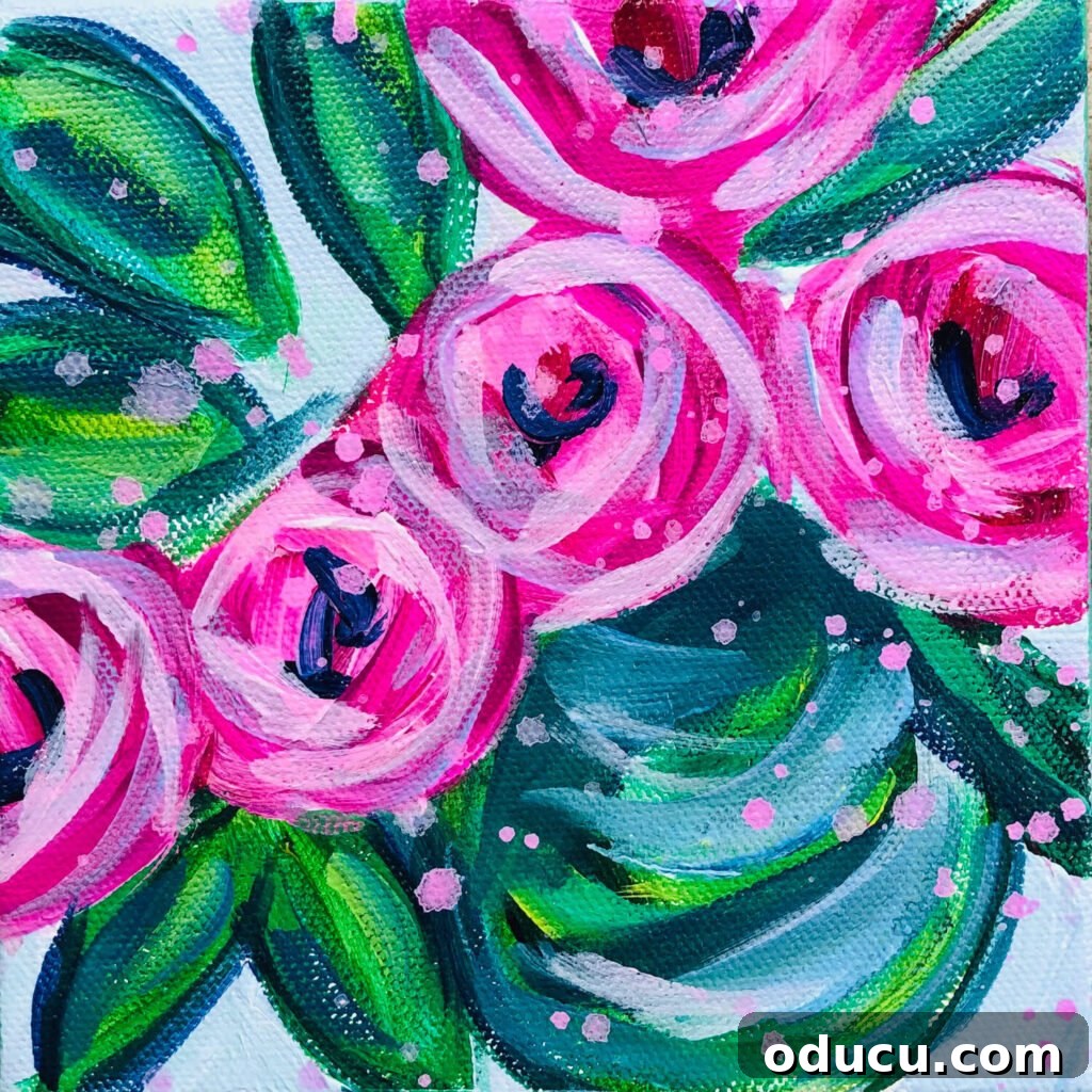 The Ever-Evolving Hearth 19 Art canvas with painted pink flowers in a green and teal vase by Jennifer Paganelli.