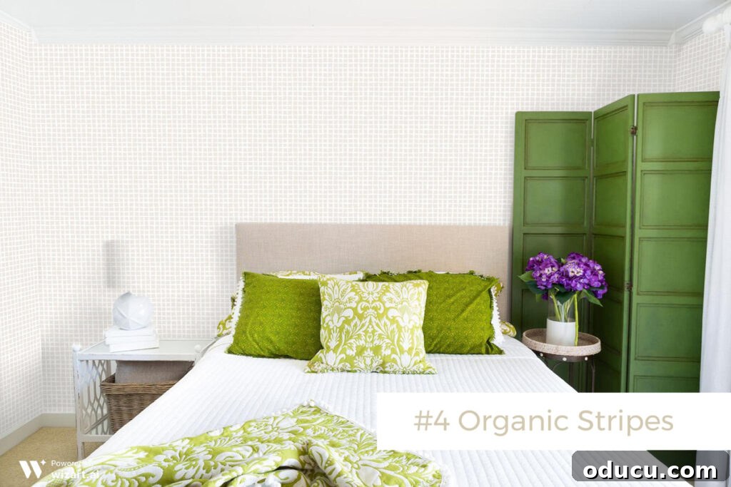Chic Comfort for Guest Room One 12 #4 Organic stripes wallpaper sample on wall. A modern and clean organic stripes wallpaper sample displayed on a wall for consideration.
