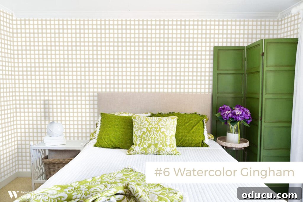 Chic Comfort for Guest Room One 14 #6 Watercolor Gingham wallpaper sample on wall. A soft and artistic Watercolor Gingham wallpaper sample displayed on a wall for decor choice.
